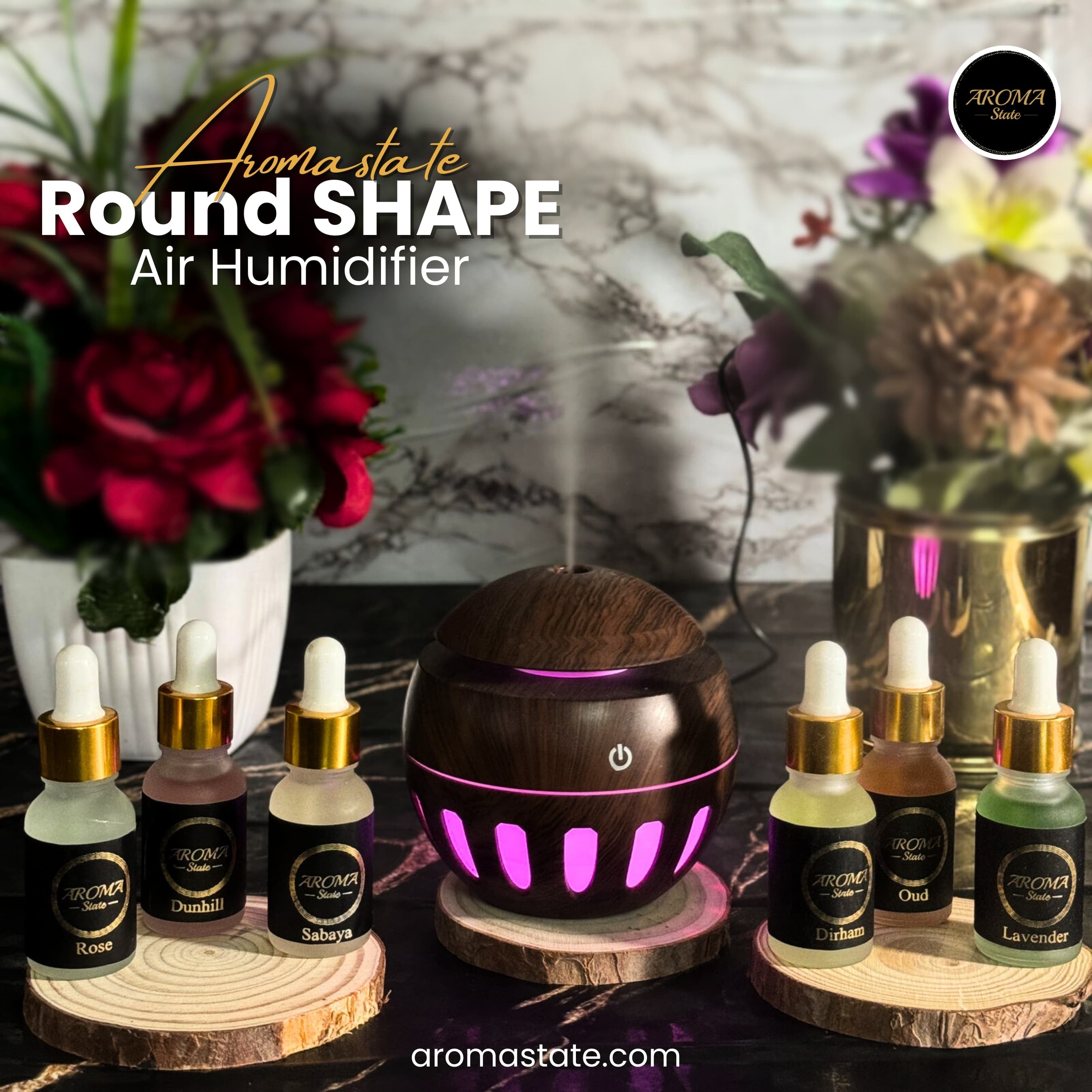 Wooden Round Humidifier with 2 Free Fragrance – Aroma State